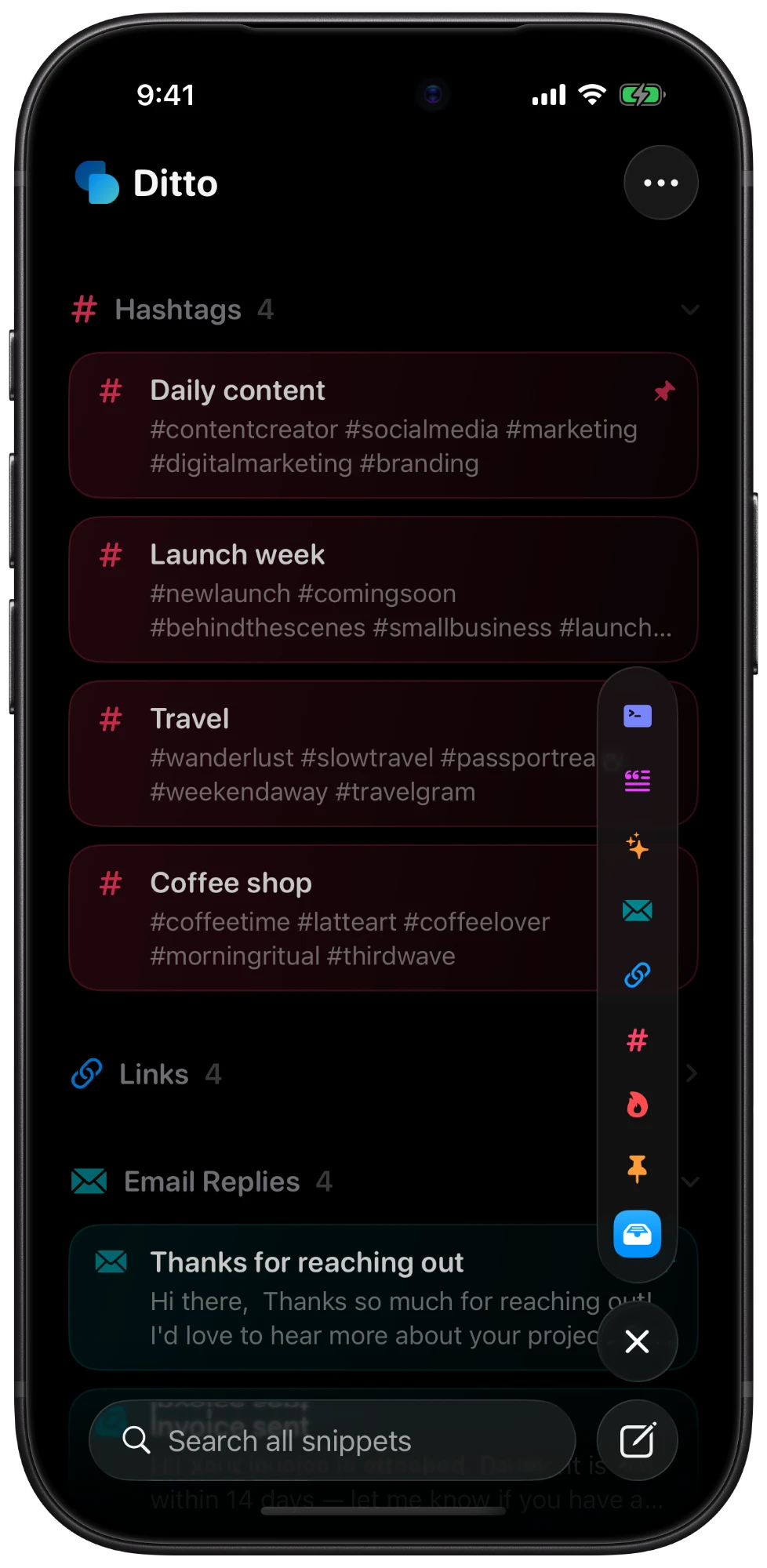 Ditto on iPhone: hashtag snippets with the category rail open
