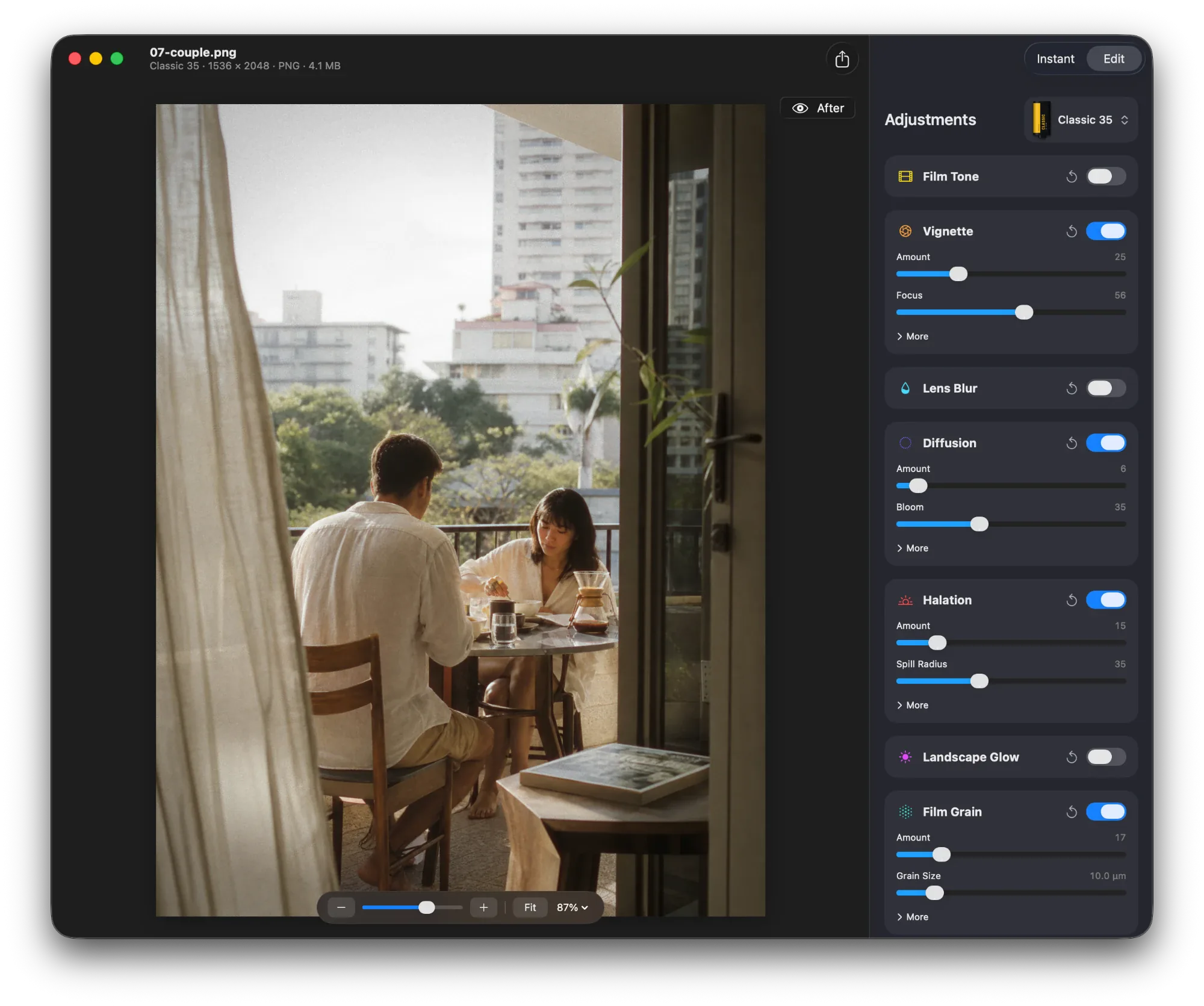 Granular Edit mode with live preview and adjustment panels