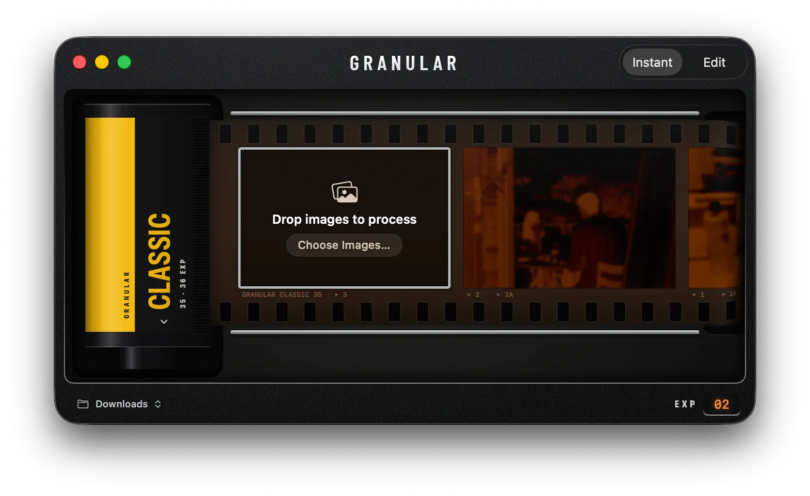 Granular Instant mode: a film canister and a strip of frames to drop images onto